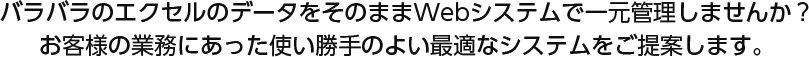 バラバラのエクセルのデータをそのままWebシステムで一元管理しませんか?お客様の業務にあった使い勝手のよい最適なシステムをご提案します。